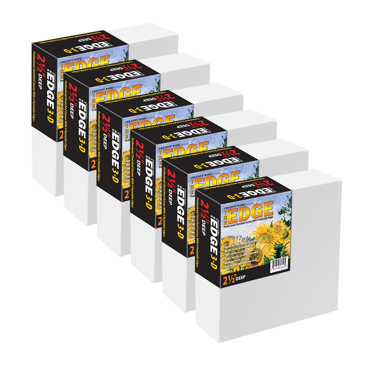 The Edge All Media Professional Triple-Primed Cotton Canvas 2.5" Deep, 6 Pack of Pre-Stretched Canvases for Painting with Paintable Edges